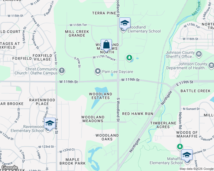 map of restaurants, bars, coffee shops, grocery stores, and more near 20095 West 119th Street in Olathe