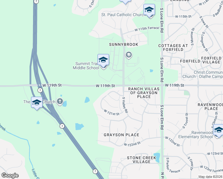 map of restaurants, bars, coffee shops, grocery stores, and more near 21933 West 120th Street in Olathe