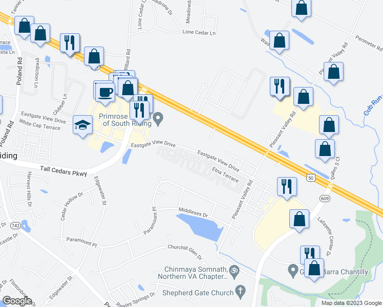 map of restaurants, bars, coffee shops, grocery stores, and more near 43963 Eastgate View Drive in Chantilly