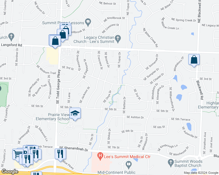 map of restaurants, bars, coffee shops, grocery stores, and more near 304 Southeast Onyx Drive in Lee's Summit