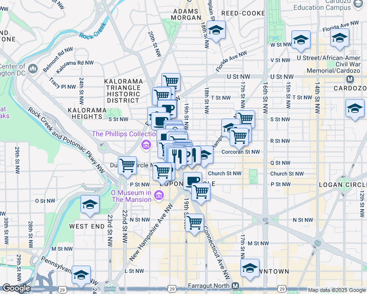 map of restaurants, bars, coffee shops, grocery stores, and more near 1632 19th Street Northwest in Washington