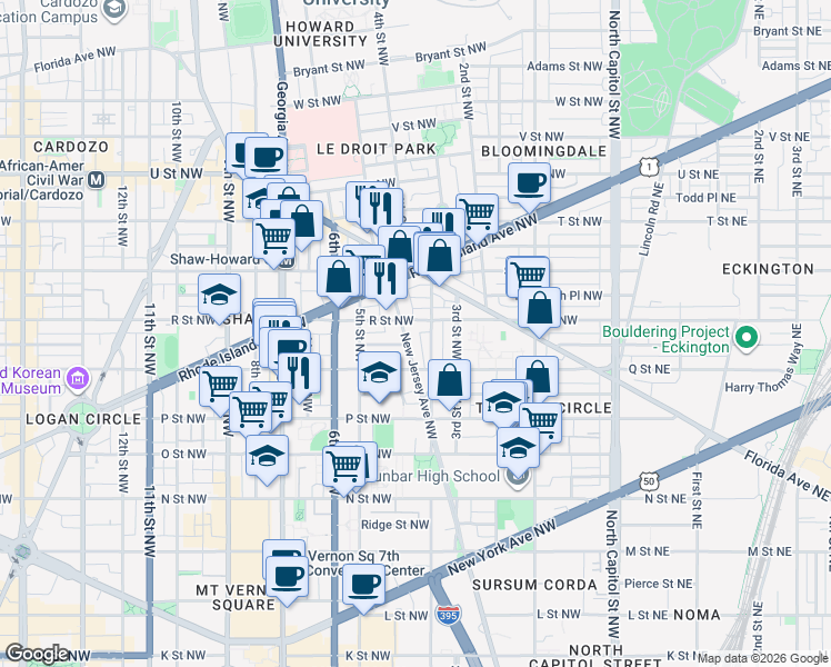 map of restaurants, bars, coffee shops, grocery stores, and more near 101 Independence Avenue Southeast in Washington
