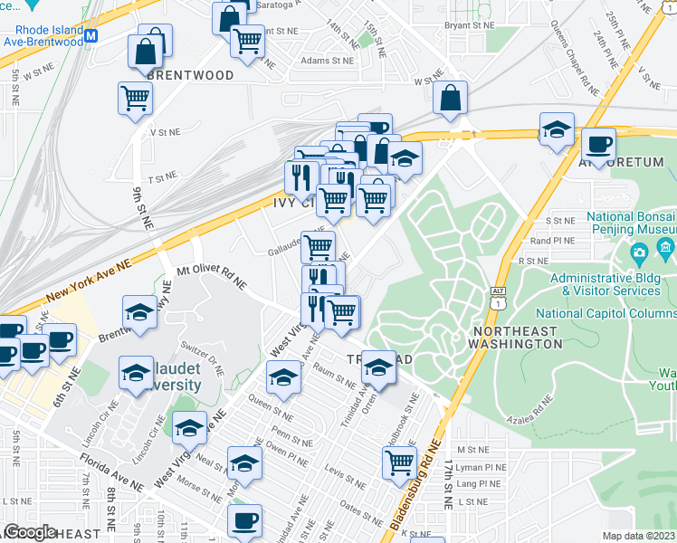 map of restaurants, bars, coffee shops, grocery stores, and more near 101 Independence Avenue Southeast in Washington