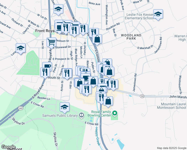 map of restaurants, bars, coffee shops, grocery stores, and more near 522 Short Street in Front Royal