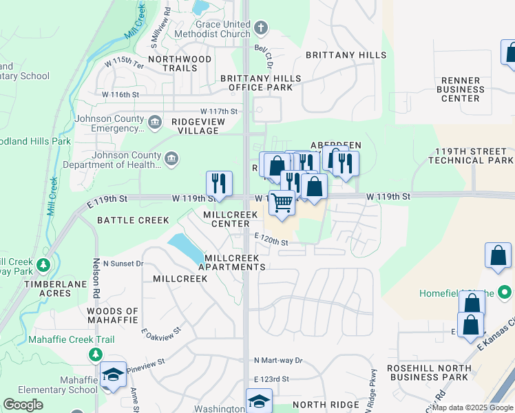 map of restaurants, bars, coffee shops, grocery stores, and more near 18261 West 119th Street in Olathe