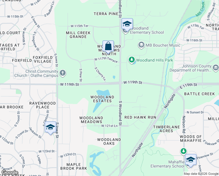 map of restaurants, bars, coffee shops, grocery stores, and more near 20095 West 119th Street in Olathe