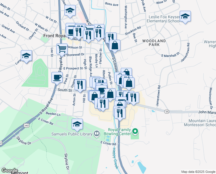 map of restaurants, bars, coffee shops, grocery stores, and more near 512 Short Street in Front Royal