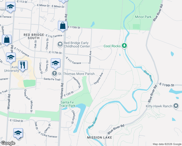 map of restaurants, bars, coffee shops, grocery stores, and more near 11739 Troost Avenue in Kansas City