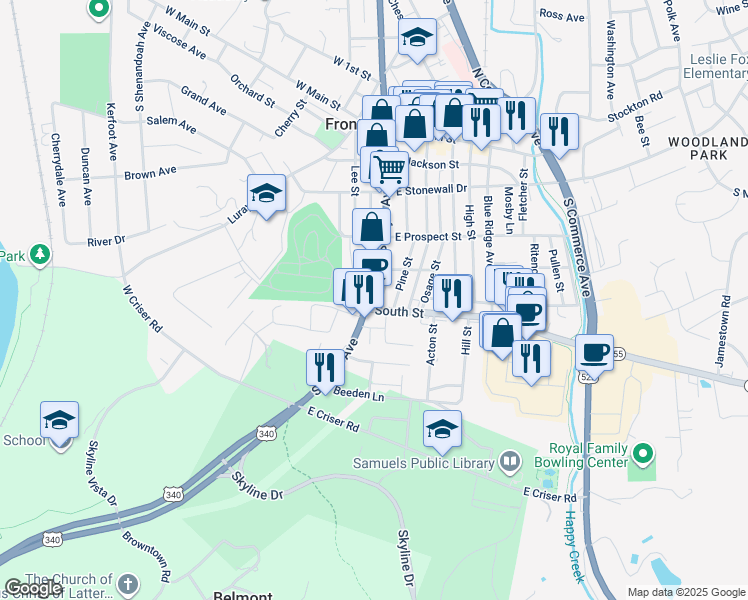 map of restaurants, bars, coffee shops, grocery stores, and more near 10 South Street in Front Royal
