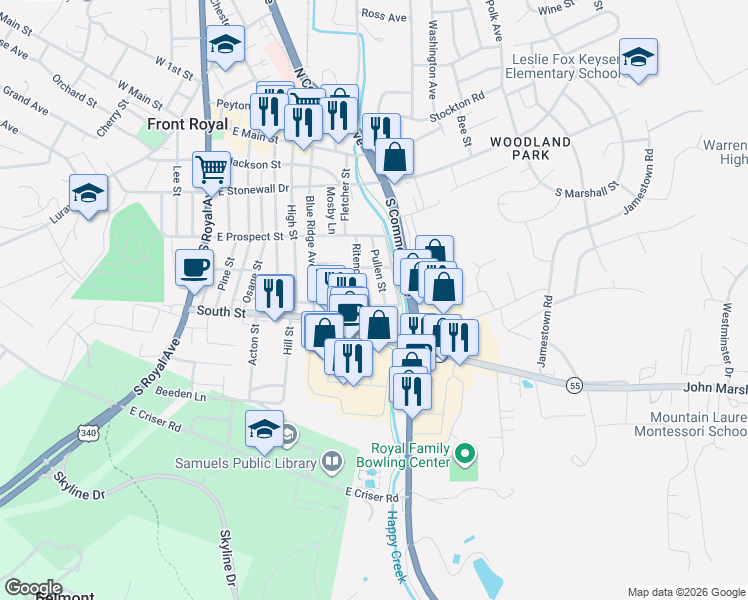 map of restaurants, bars, coffee shops, grocery stores, and more near 319 Front Street in Front Royal