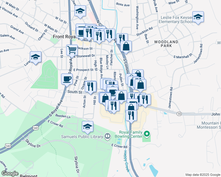 map of restaurants, bars, coffee shops, grocery stores, and more near 406 Short Street in Front Royal