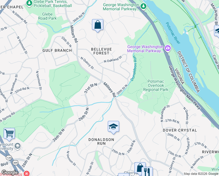 map of restaurants, bars, coffee shops, grocery stores, and more near Military Road in Arlington