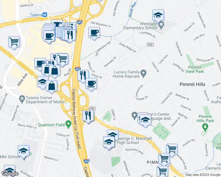 map of restaurants, bars, coffee shops, grocery stores, and more near 7714 Fisher Drive in Falls Church