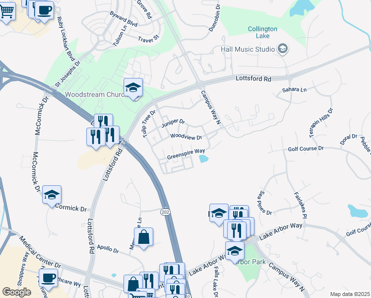 map of restaurants, bars, coffee shops, grocery stores, and more near 10016 Greenspire Way in Bowie