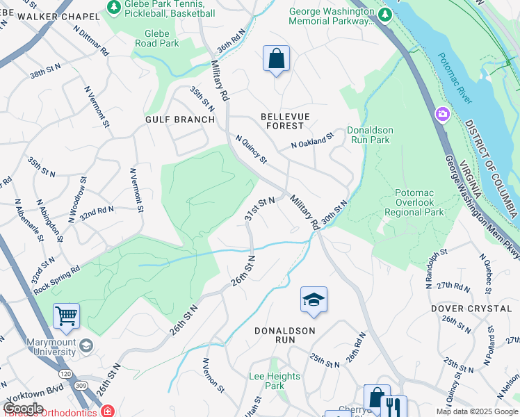 map of restaurants, bars, coffee shops, grocery stores, and more near 3031 North Stuart Street in Arlington