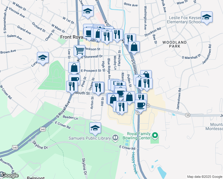 map of restaurants, bars, coffee shops, grocery stores, and more near 356 Blue Ridge Avenue in Front Royal