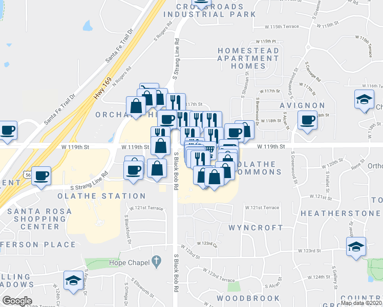 map of restaurants, bars, coffee shops, grocery stores, and more near 14954-15198 W 119th St in Olathe