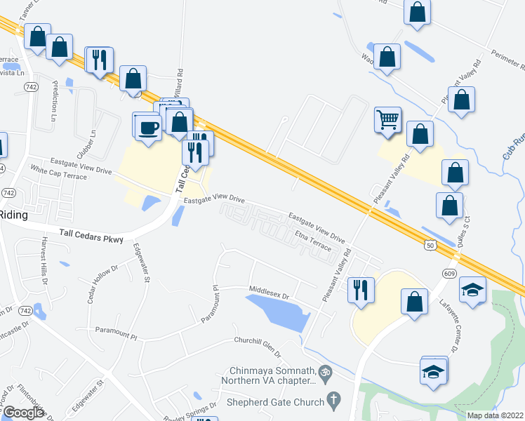 map of restaurants, bars, coffee shops, grocery stores, and more near 43957 Eastgate View Drive in Chantilly