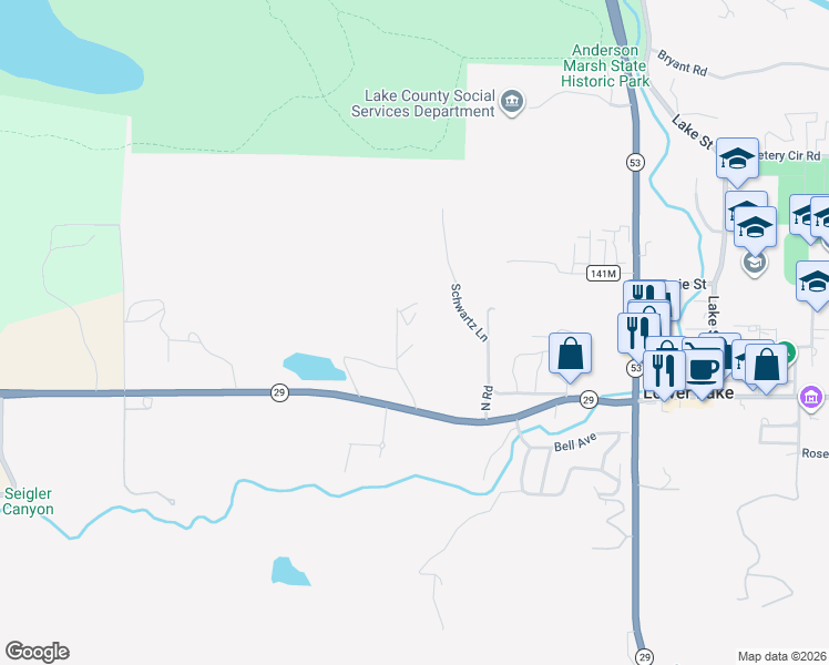 map of restaurants, bars, coffee shops, grocery stores, and more near 9750 Marshview Way in Lower Lake