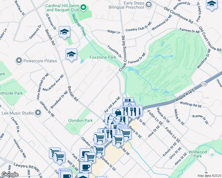 map of restaurants, bars, coffee shops, grocery stores, and more near 318 Westview Court Northeast in Vienna
