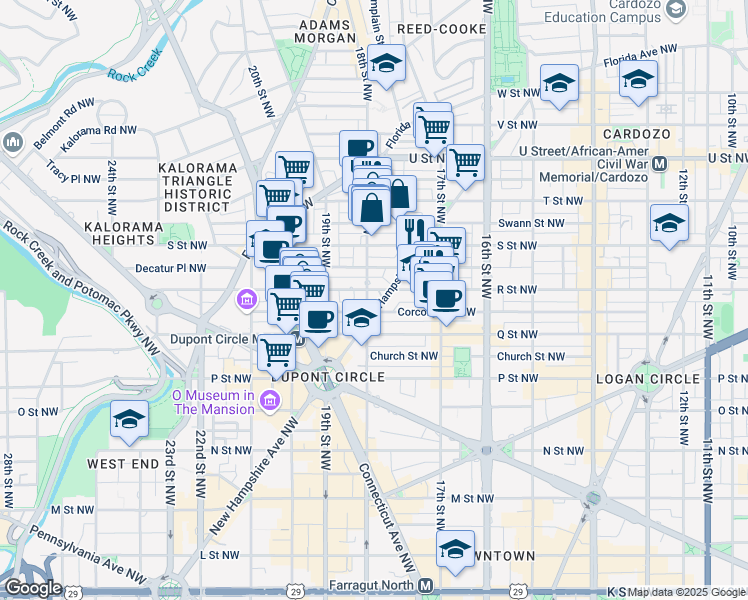 map of restaurants, bars, coffee shops, grocery stores, and more near 1618 New Hampshire Avenue Northwest in Washington