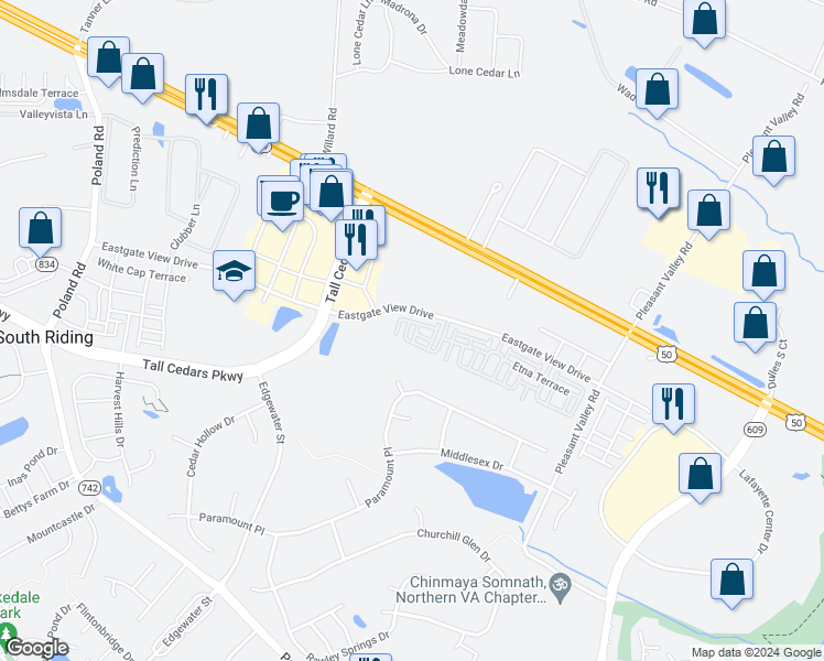 map of restaurants, bars, coffee shops, grocery stores, and more near 25474 Feltre Terrace in Chantilly
