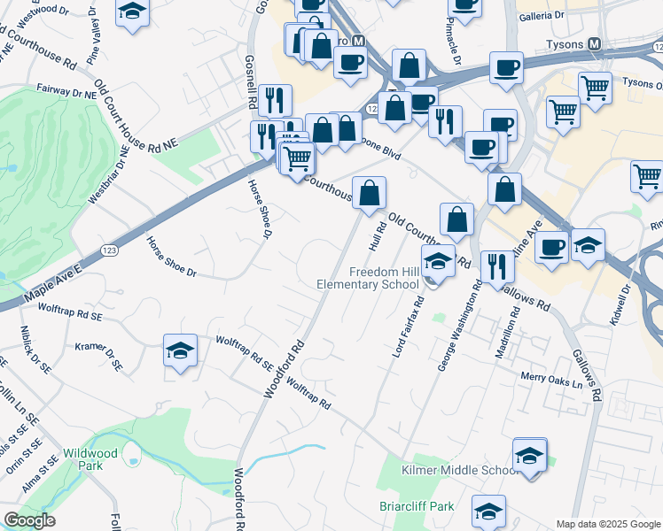 map of restaurants, bars, coffee shops, grocery stores, and more near 1922 Woodford Road in Vienna
