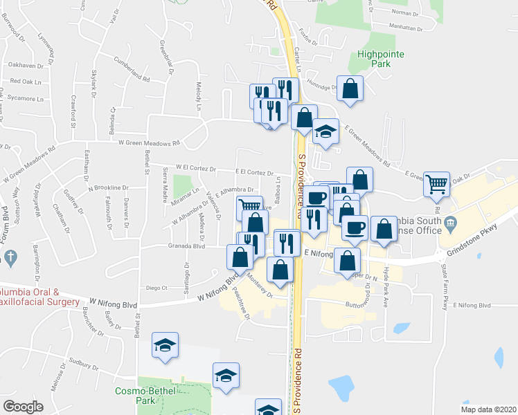 map of restaurants, bars, coffee shops, grocery stores, and more near 112 Sieville Avenue in Columbia