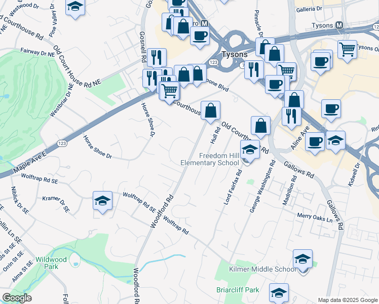 map of restaurants, bars, coffee shops, grocery stores, and more near 1922 Woodford Road in Vienna