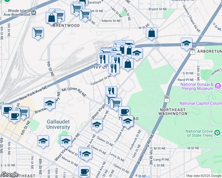 map of restaurants, bars, coffee shops, grocery stores, and more near 1918 Capitol Avenue Northeast in Washington
