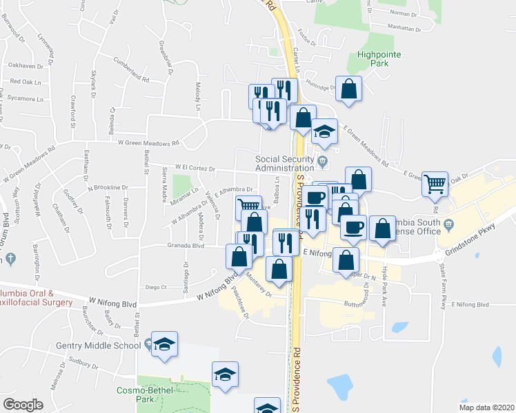 map of restaurants, bars, coffee shops, grocery stores, and more near 3415 Madrid Lane in Columbia