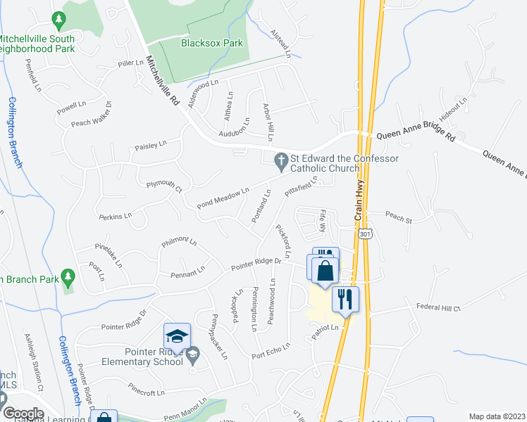 map of restaurants, bars, coffee shops, grocery stores, and more near 1609 Portland Lane in Bowie