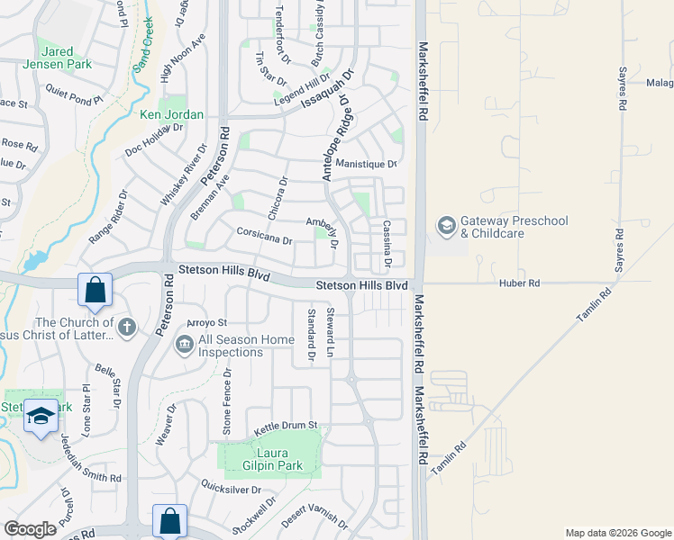 map of restaurants, bars, coffee shops, grocery stores, and more near 7532 Amberly Drive in Colorado Springs