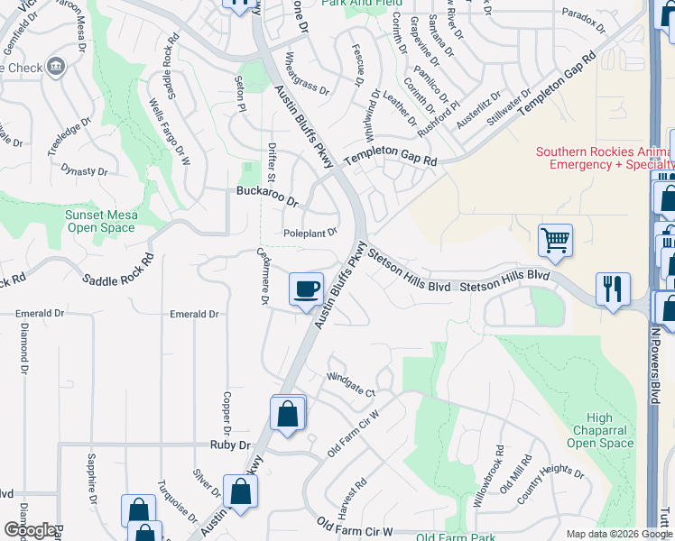 map of restaurants, bars, coffee shops, grocery stores, and more near 4886 Calverton Place in Colorado Springs