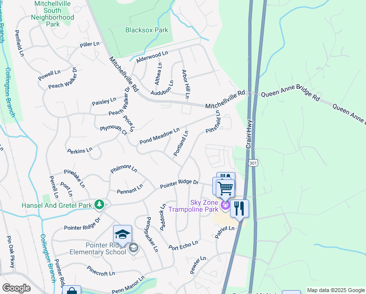 map of restaurants, bars, coffee shops, grocery stores, and more near 1609 Portland Lane in Bowie