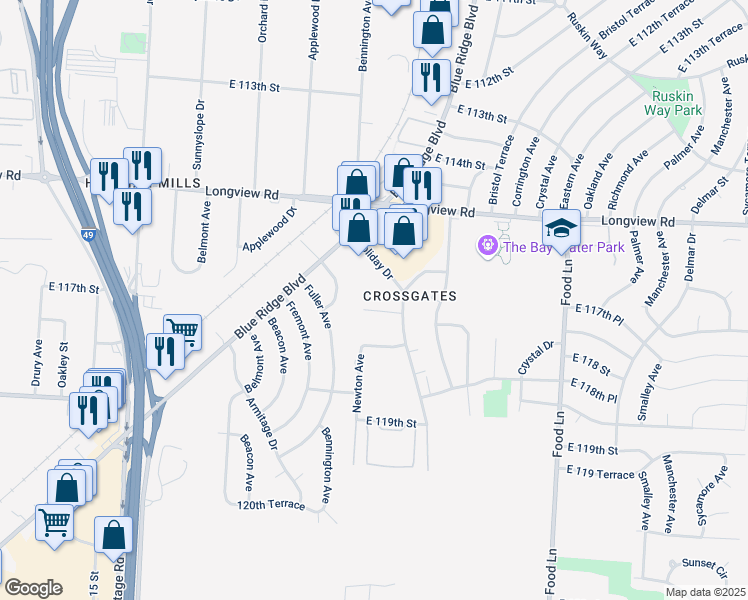 map of restaurants, bars, coffee shops, grocery stores, and more near 11540 Holiday Drive in Kansas City