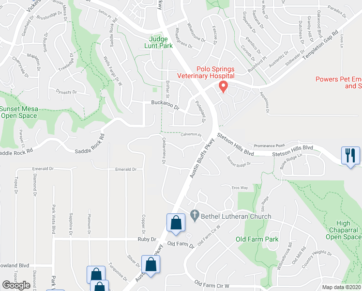 map of restaurants, bars, coffee shops, grocery stores, and more near 4736 Jamestown Drive in Colorado Springs