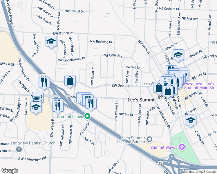 map of restaurants, bars, coffee shops, grocery stores, and more near 515 Southwest 2nd Street in Lee's Summit