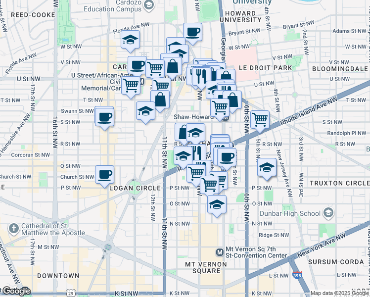 map of restaurants, bars, coffee shops, grocery stores, and more near 925 Rhode Island Avenue Northwest in Washington