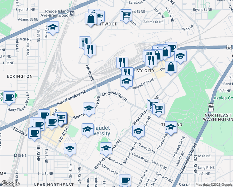 map of restaurants, bars, coffee shops, grocery stores, and more near 950 Mount Olivet Road Northeast in Washington