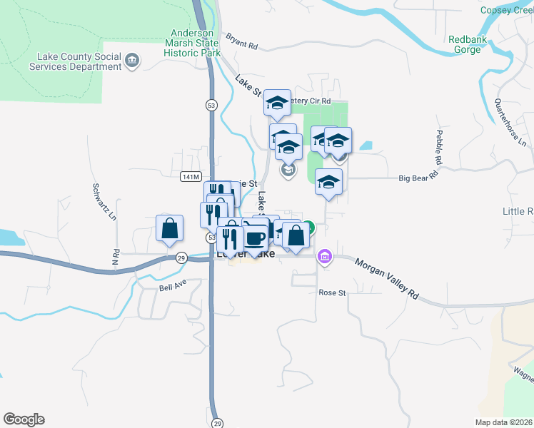map of restaurants, bars, coffee shops, grocery stores, and more near 9720 Lake Street in Lower Lake