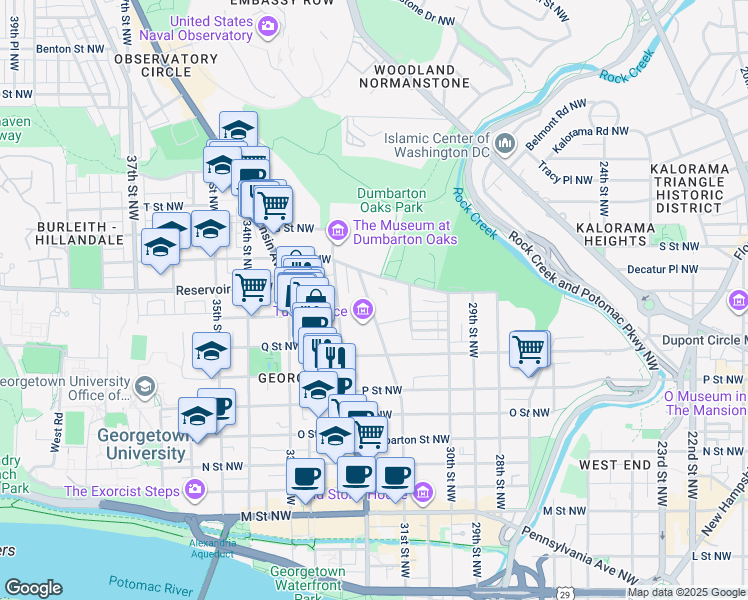 map of restaurants, bars, coffee shops, grocery stores, and more near 1669 31st St NW in Washington