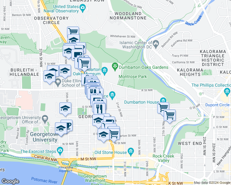map of restaurants, bars, coffee shops, grocery stores, and more near 1669 31st St NW in Washington