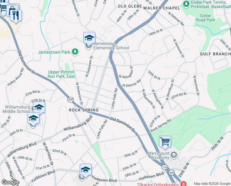 map of restaurants, bars, coffee shops, grocery stores, and more near 35th Street North in Arlington