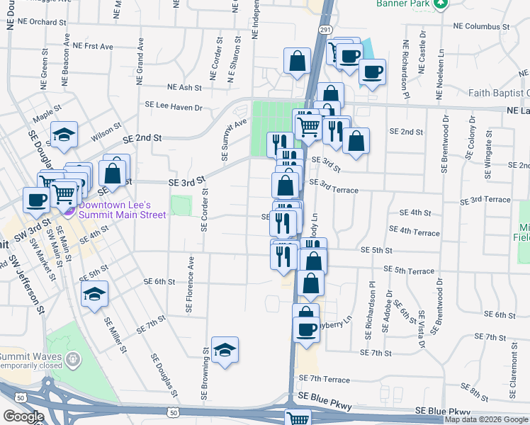 map of restaurants, bars, coffee shops, grocery stores, and more near 606 Southeast 4th Street in Lee's Summit
