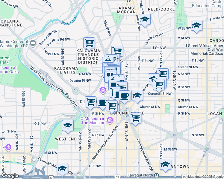 map of restaurants, bars, coffee shops, grocery stores, and more near 1666 Connecticut Avenue Northwest in Washington