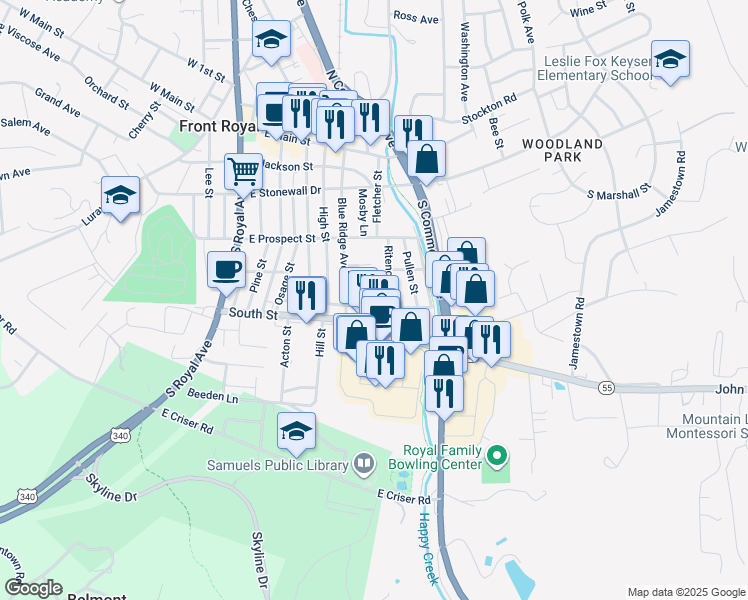 map of restaurants, bars, coffee shops, grocery stores, and more near 406 Short Street in Front Royal
