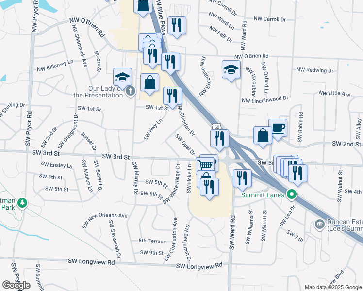 map of restaurants, bars, coffee shops, grocery stores, and more near 208 Southwest McClendon Drive in Lee's Summit
