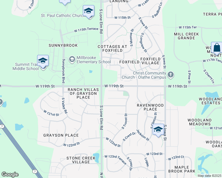 map of restaurants, bars, coffee shops, grocery stores, and more near 21380 West 119th Terrace in Olathe