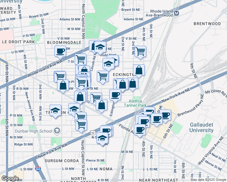 map of restaurants, bars, coffee shops, grocery stores, and more near 147 R Street Northeast in Washington